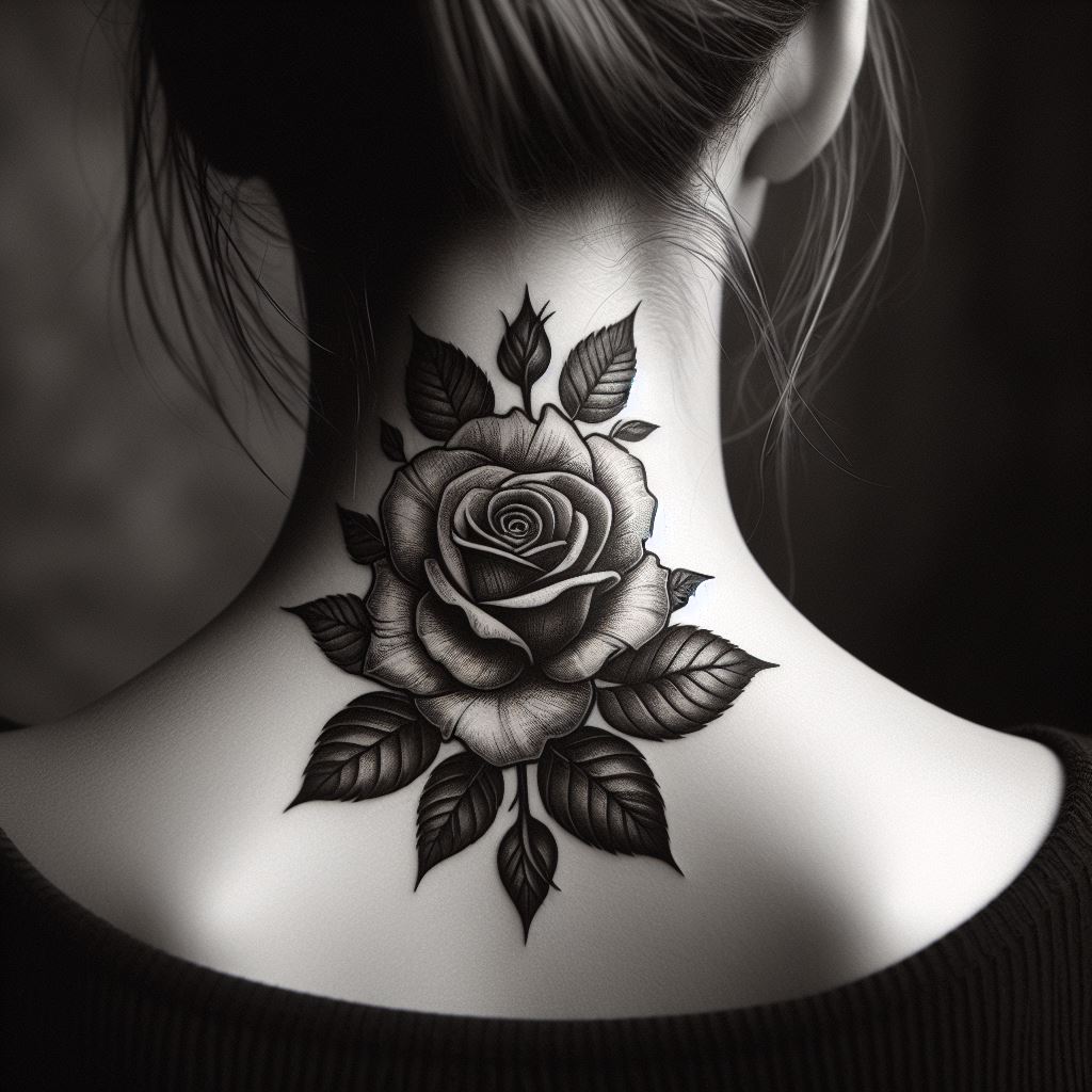 A medium-sized rose tattoo elegantly placed on the nape of the neck, visible when the hair is up. The design features a single rose in full bloom, with detailed petals and leaves, symbolizing secrecy and mystery.
