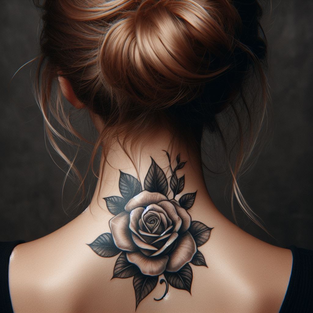 A medium-sized rose tattoo elegantly placed on the nape of the neck, visible when the hair is up. The design features a single rose in full bloom, with detailed petals and leaves, symbolizing secrecy and mystery.