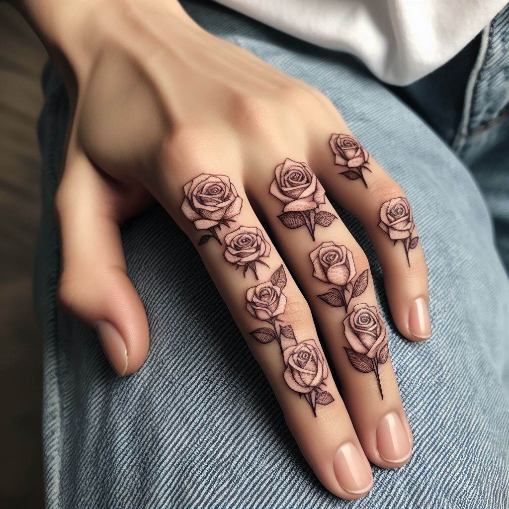 A series of small rose tattoos, each placed on the side of a different finger, creating a bouquet effect when the fingers are held together. Each rose is designed with minimalistic detail, offering a unique and creative expression of floral art across the hands.