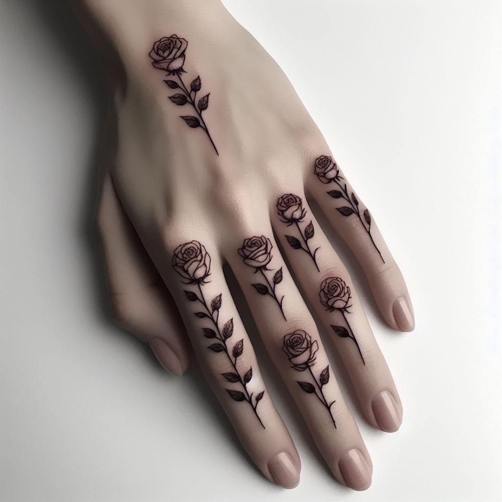 A series of small rose tattoos, each placed on the side of a different finger, creating a bouquet effect when the fingers are held together. Each rose is designed with minimalistic detail, offering a unique and creative expression of floral art across the hands.