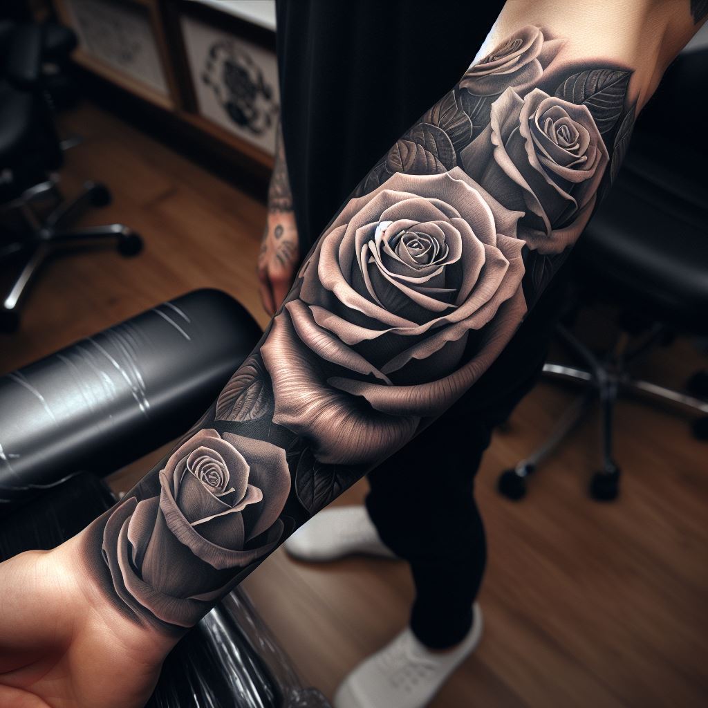 A large, detailed rose tattoo that stretches along the inner forearm, featuring a realistic depiction of a rose with open petals and intricate shading. This design is bold and visible, making a statement with its artistry and placement.