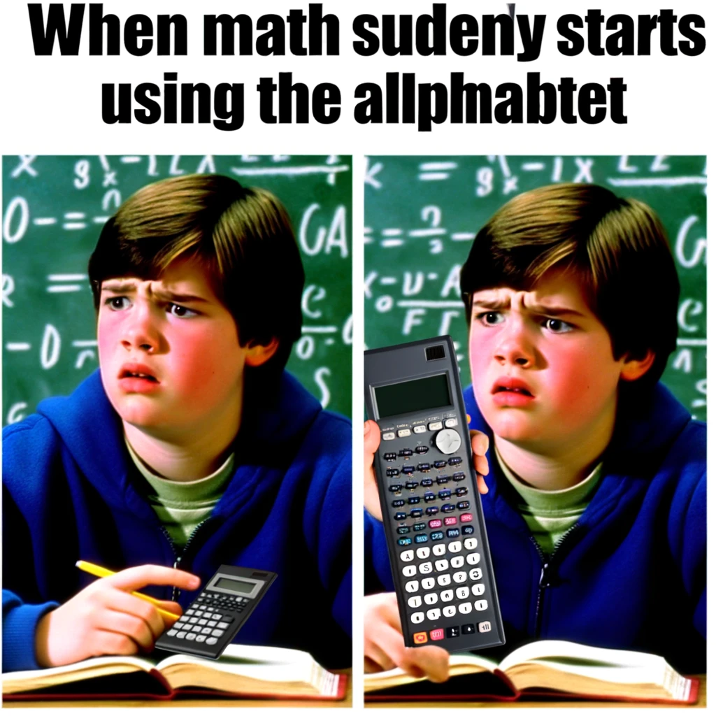 A humorous meme featuring a teenager in a classroom setting, looking perplexed and holding a calculator upside down, with the caption, "When math suddenly starts using the alphabet."