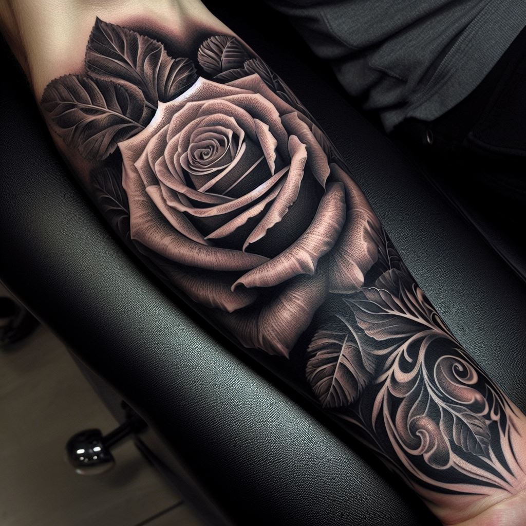 A large, detailed rose tattoo that stretches along the inner forearm, featuring a realistic depiction of a rose with open petals and intricate shading. This design is bold and visible, making a statement with its artistry and placement.