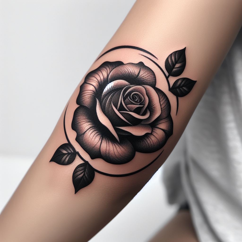 A rose tattoo encircling the elbow, with the bloom perfectly situated over the elbow's tip. This design integrates the natural curves and contours of the elbow, creating a dynamic and eye-catching piece of body art.