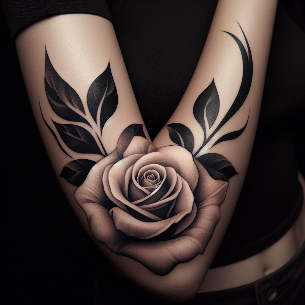 A rose tattoo encircling the elbow, with the bloom perfectly situated over the elbow's tip. This design integrates the natural curves and contours of the elbow, creating a dynamic and eye-catching piece of body art.