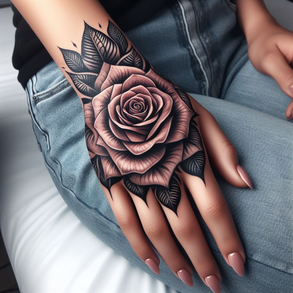 A bold rose tattoo on the back of the hand, with detailed petals spreading across the skin. This design is visible and striking, symbolizing openness and courage.