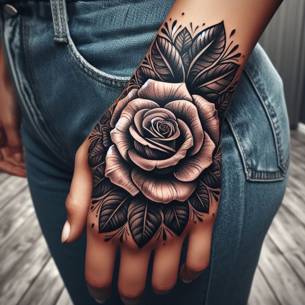 A bold rose tattoo on the back of the hand, with detailed petals spreading across the skin. This design is visible and striking, symbolizing openness and courage.