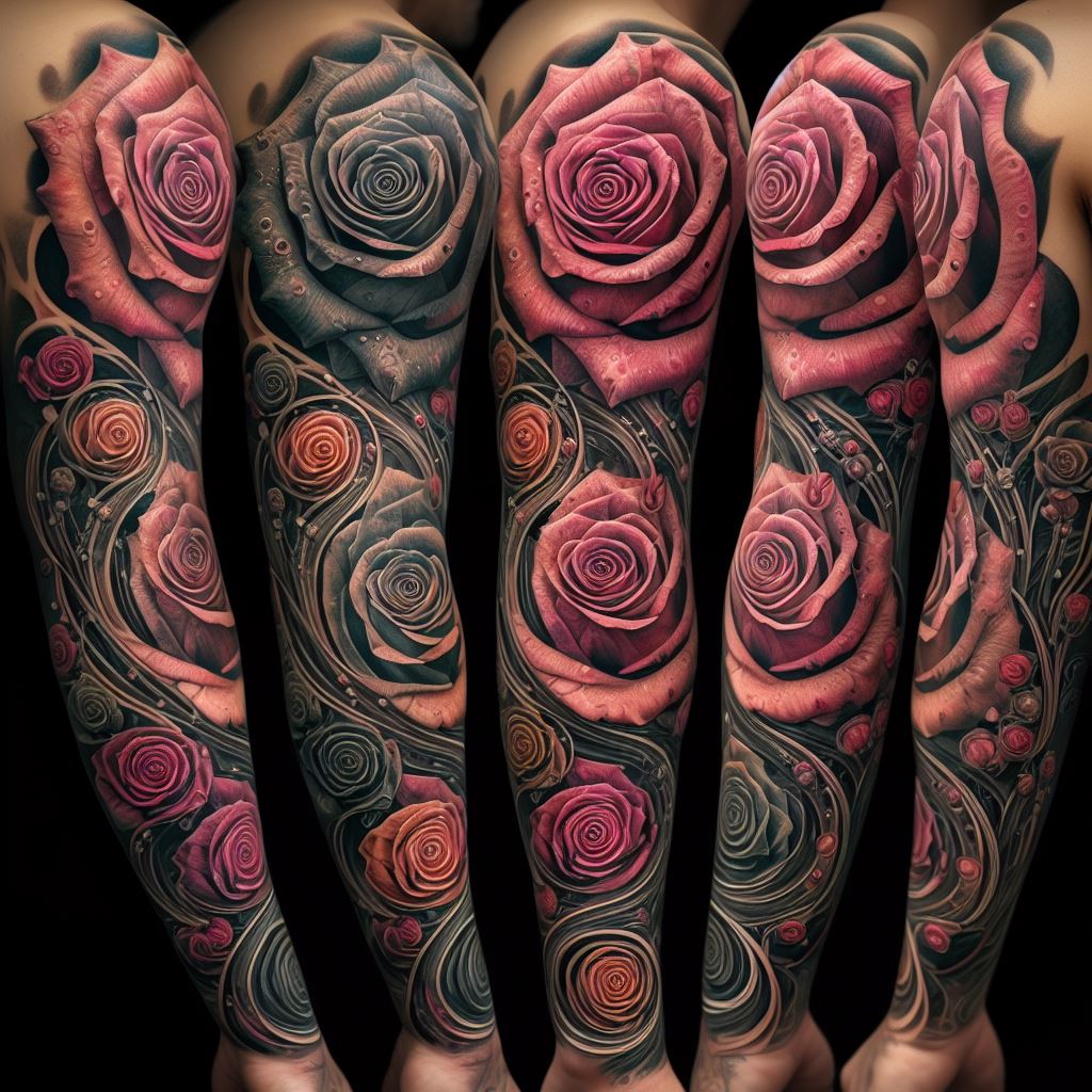 A series of interconnected rose tattoos forming a full sleeve, with each rose in different stages of bloom. The sleeve tells a story of life's cycles, with detailed shading and colors that make the roses look lifelike and vibrant.