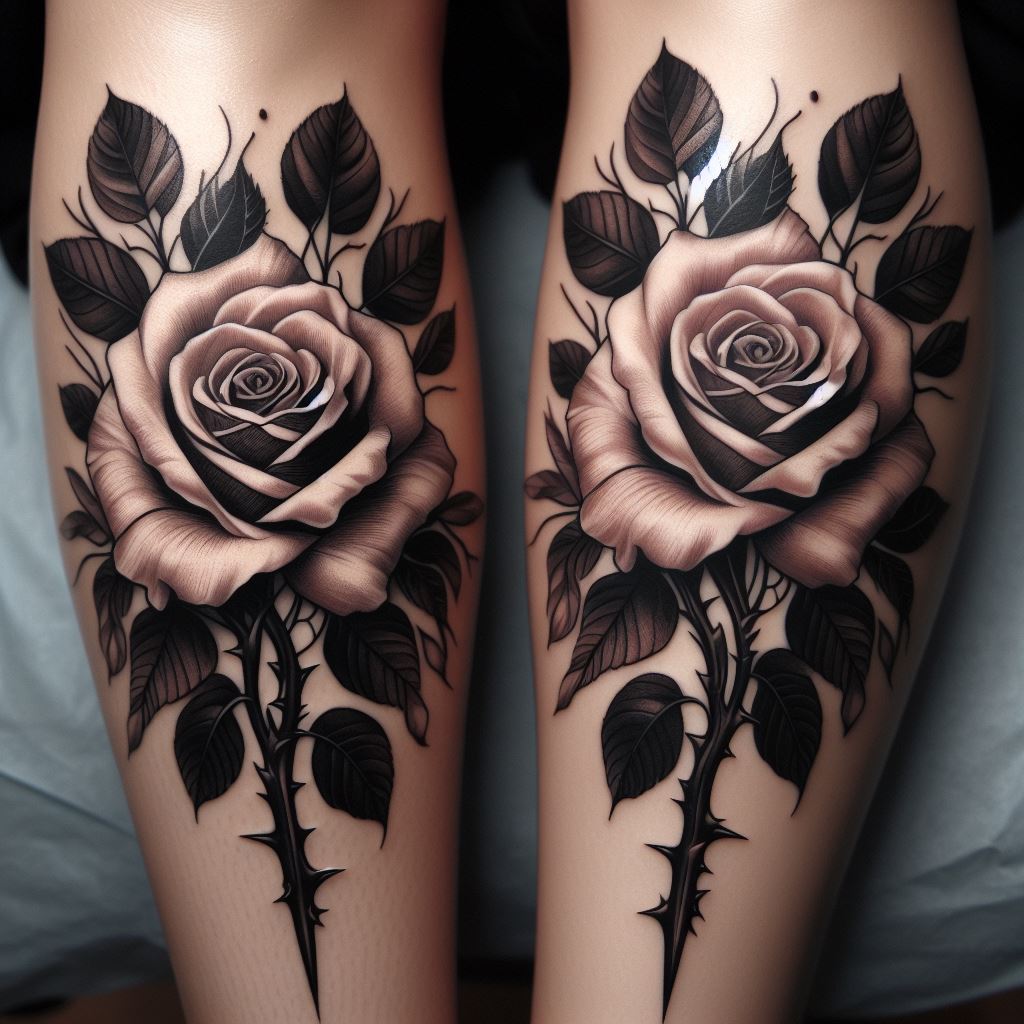 Twin rose tattoos on each calf, mirroring each other in design. Each tattoo features a large, blooming rose with leaves and thorns, symbolizing balance and duality.