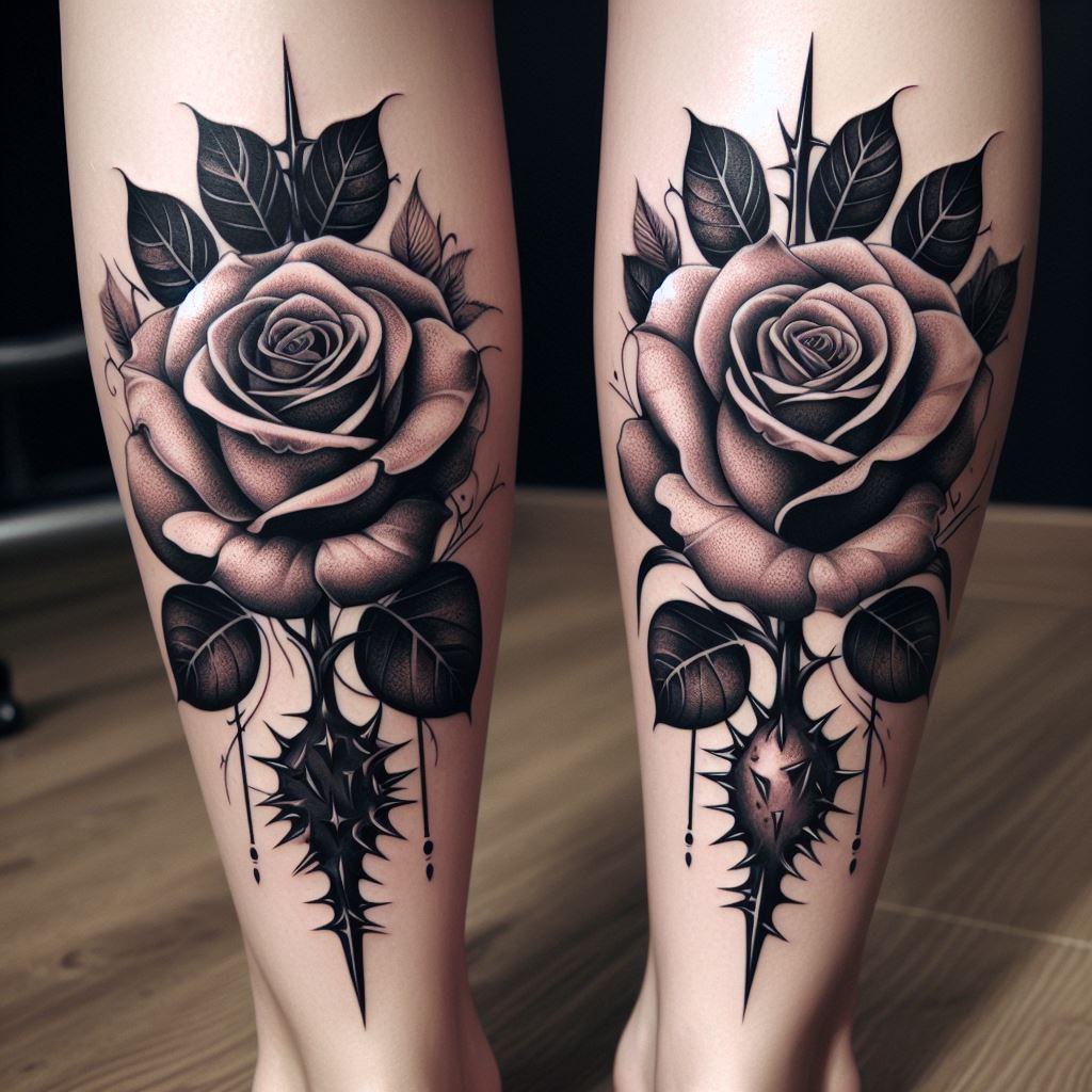 Twin rose tattoos on each calf, mirroring each other in design. Each tattoo features a large, blooming rose with leaves and thorns, symbolizing balance and duality.