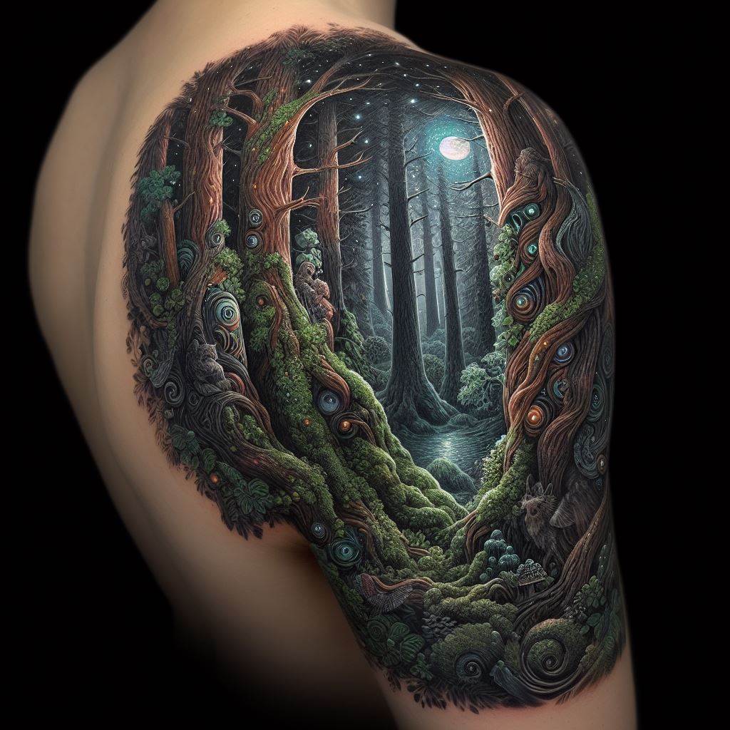 A detailed, mystical forest scene wrapping around the shoulder, featuring ancient, towering trees with intricate bark textures, a variety of lush, green foliage, and hidden, magical creatures peering through the leaves. The tattoo should blend seamlessly into the natural curves of the shoulder, with elements like a moonlit sky peeking through the treetops, adding a sense of depth and wonder.