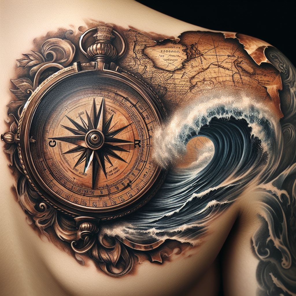 An old-world nautical theme tattoo positioned on the shoulder, showcasing a detailed compass surrounded by elements of an aged map. This tattoo would include realistic textures of parchment, intricate compass details with a vintage feel, and ocean waves that gently flow around the shoulder muscles, symbolizing guidance and adventure.