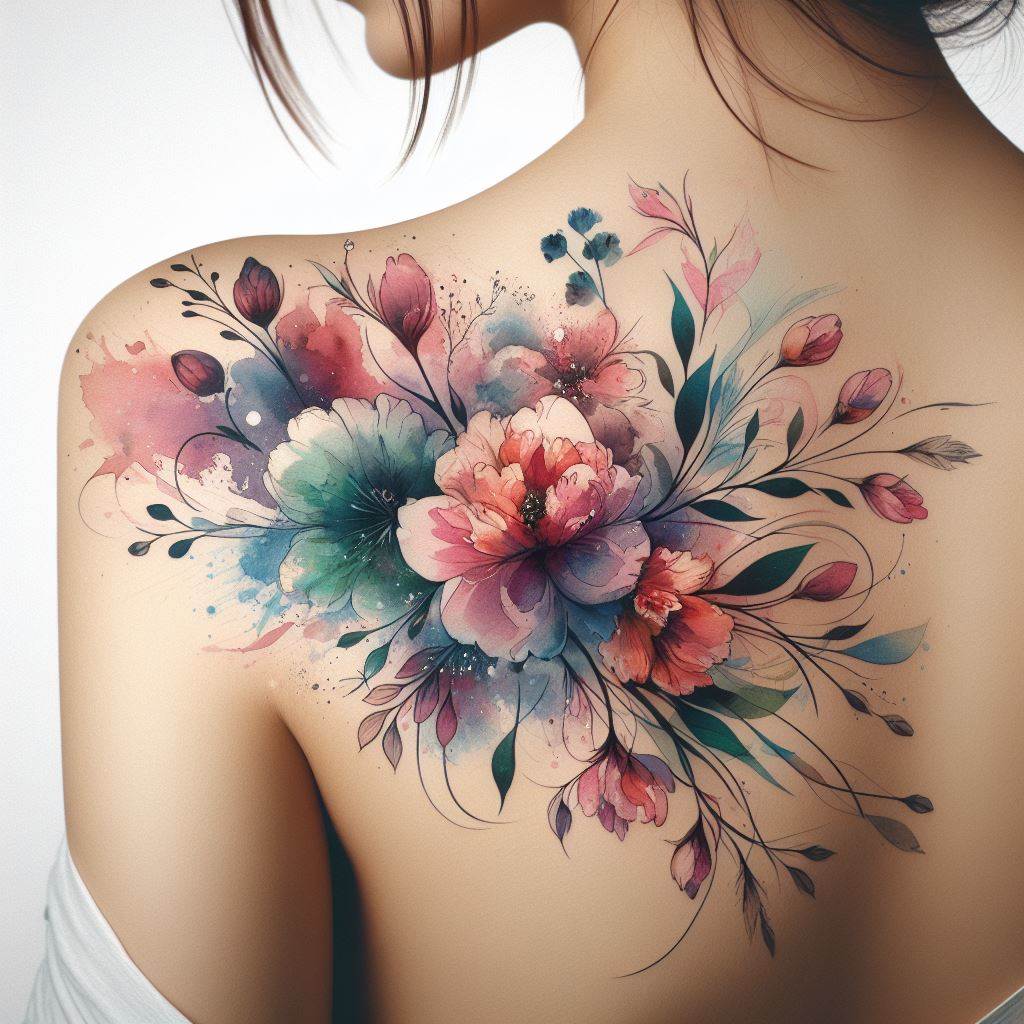 A vibrant, watercolor-inspired floral design that drapes elegantly over the shoulder. The tattoo should feature a mix of blooming flowers and delicate buds in a variety of colors, with soft, flowing watercolor washes that blend into the skin. The design should have a spontaneous, free-flowing arrangement that accentuates the shoulder's shape.