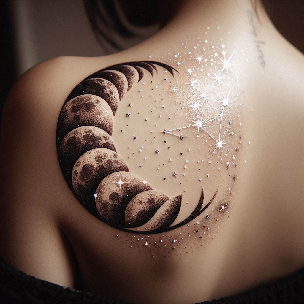 A celestial-themed tattoo that contours the shoulder, featuring the moon phases arranged in a graceful arc, with stars and constellations scattered around. The design should capture the ethereal beauty of the night sky, with fine details in the lunar surfaces and twinkling stars, creating a sense of cosmic wonder.