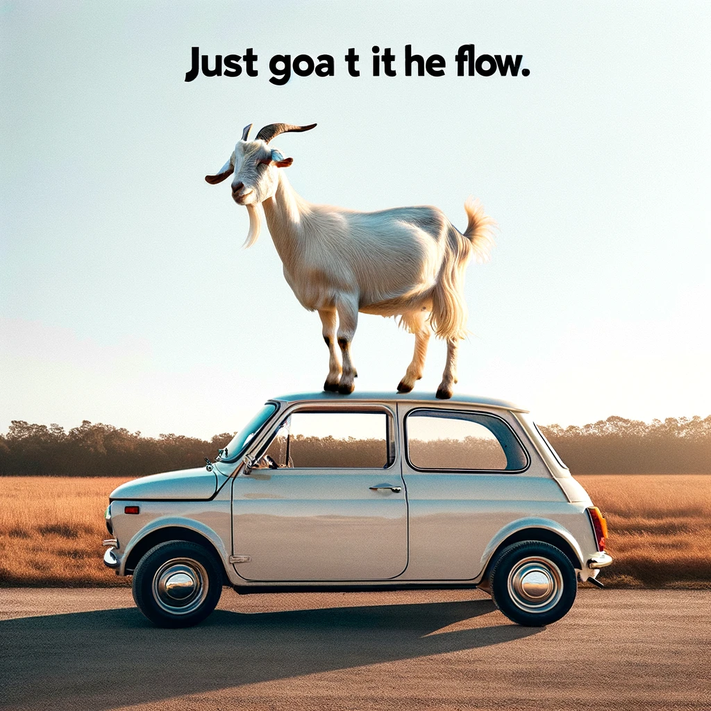 A goat standing on a small car with the caption 'Just goat with the flow.' The image should capture a playful and whimsical scene, showcasing the goat's mischievous demeanor as it triumphantly stands atop the vehicle. The car appears slightly overwhelmed by the goat's presence, adding to the humor of the situation. The setting is an open field under a clear blue sky, emphasizing the light-hearted and spontaneous nature of the moment.