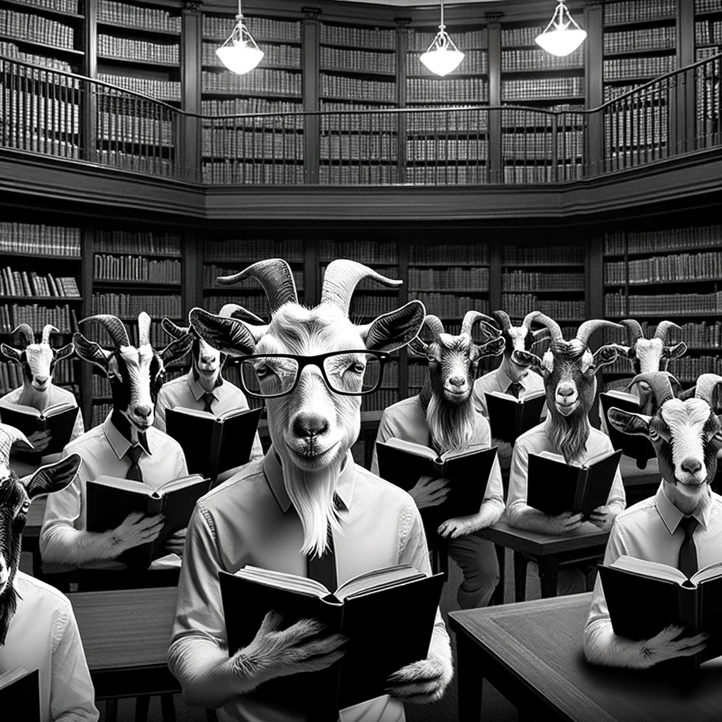 A group of goats in a library, one wearing glasses, with a caption that reads 'Reading between the lines.' This image portrays a humorous and unexpected scene of intellectual goats engrossed in their books. The goats are scattered around the library, some sitting at tables, while the one with glasses stands out as the apparent leader, holding a book in its mouth. The library is classic in design, with tall bookshelves filled with books, adding to the sophistication and absurdity of the scene.