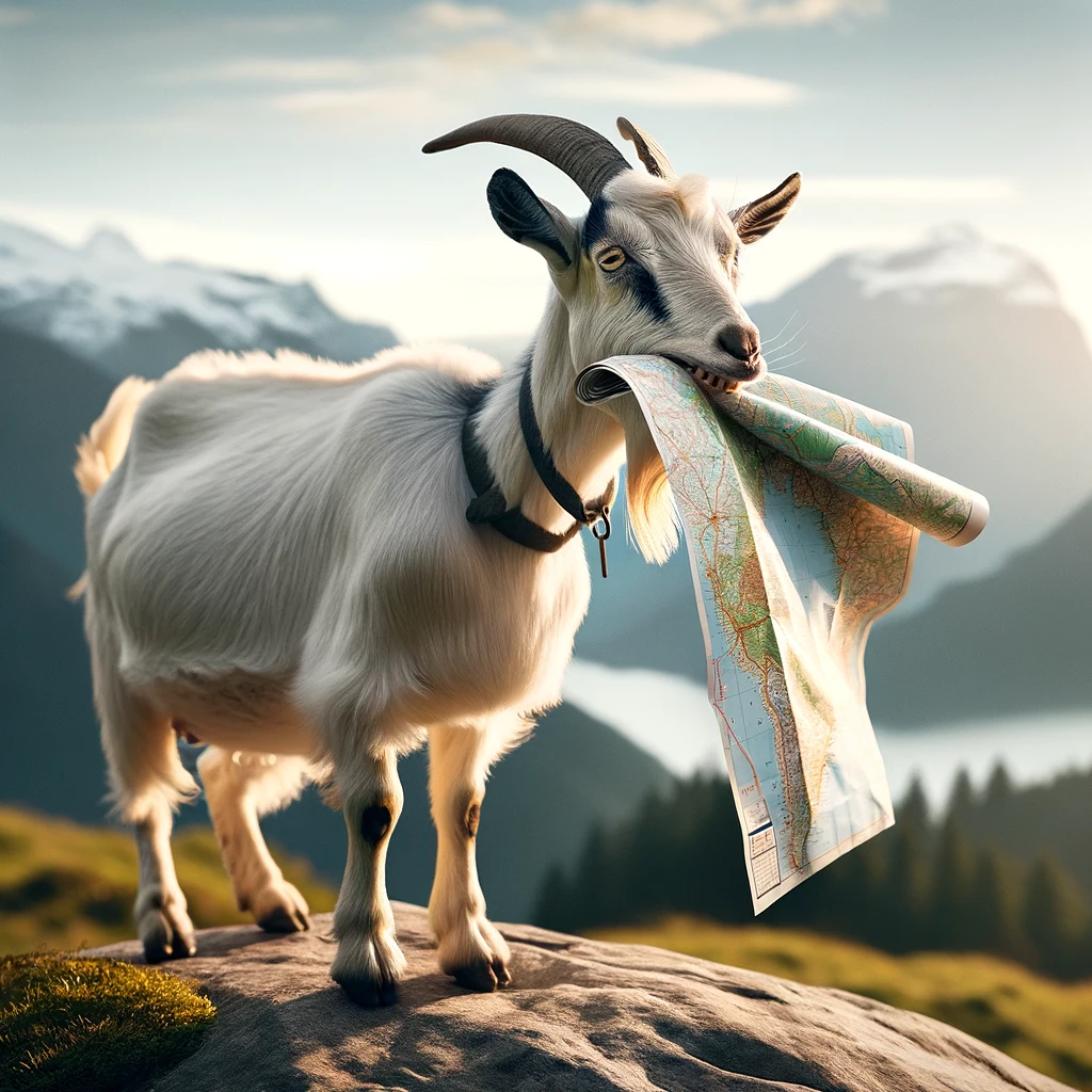 A goat trying to eat a map with the caption 'I've goat this.' The scene is set outdoors with a background of scenic mountains and a clear sky, emphasizing the adventure and exploration theme. The goat, looking determined yet slightly puzzled, holds a large paper map in its mouth, with parts of the map already chewed off. This image captures the humorous notion of the goat being a literal 'navigator,' ready to lead the way, albeit in a comically unhelpful manner.