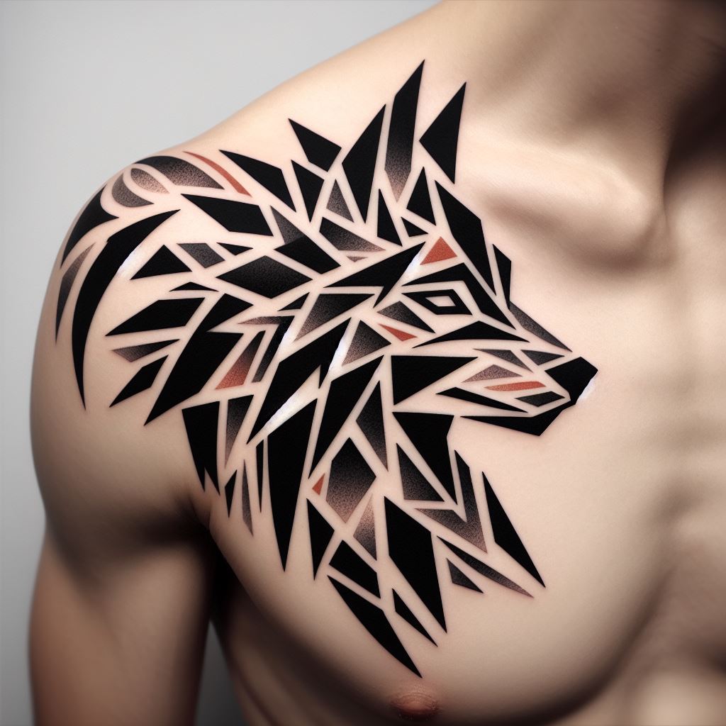 A geometrically stylized animal spirit, such as a wolf or eagle, designed to fit the shoulder's curvature. The tattoo would combine sharp, geometric shapes with the organic forms of the animal, creating a dynamic contrast. The design should be bold and symbolic, with the animal appearing to emerge from a mosaic of geometric patterns.