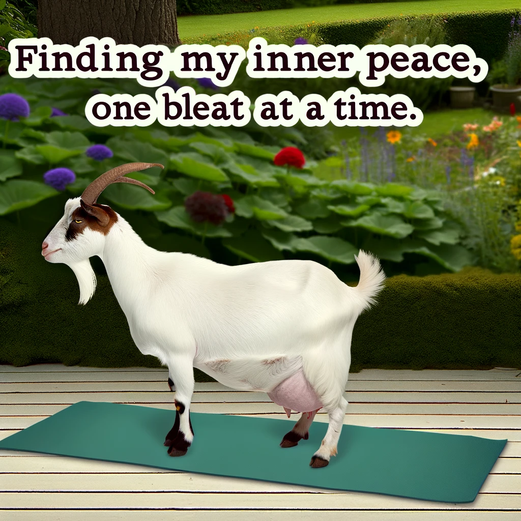 A goat doing yoga with the caption 'Finding my inner peace, one bleat at a time.' This playful image showcases a goat in a serene garden setting, striking a yoga pose on a mat. The goat looks focused and calm, embodying the essence of relaxation and mindfulness. The garden is lush and tranquil, with flowers, greenery, and a peaceful ambiance, further enhancing the goat's quest for inner peace. This scene humorously combines the idea of physical wellness with the unexpected yoga enthusiast.
