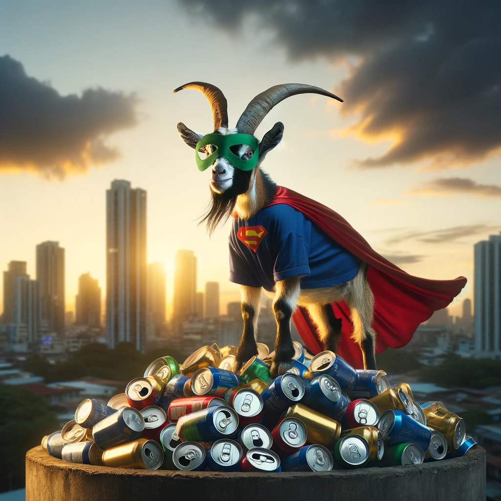 A goat dressed as a superhero with the caption 'Saving the world, one can at a time.' The image illustrates a whimsical scene where a goat, donning a cape and a superhero mask, stands heroically on a pile of recycled cans. The background is an urban cityscape at dusk, with tall buildings and the last rays of the sun casting a golden hue over the scene. This portrays the goat as an eco-warrior, humorously highlighting the importance of recycling with a lighthearted superhero theme.