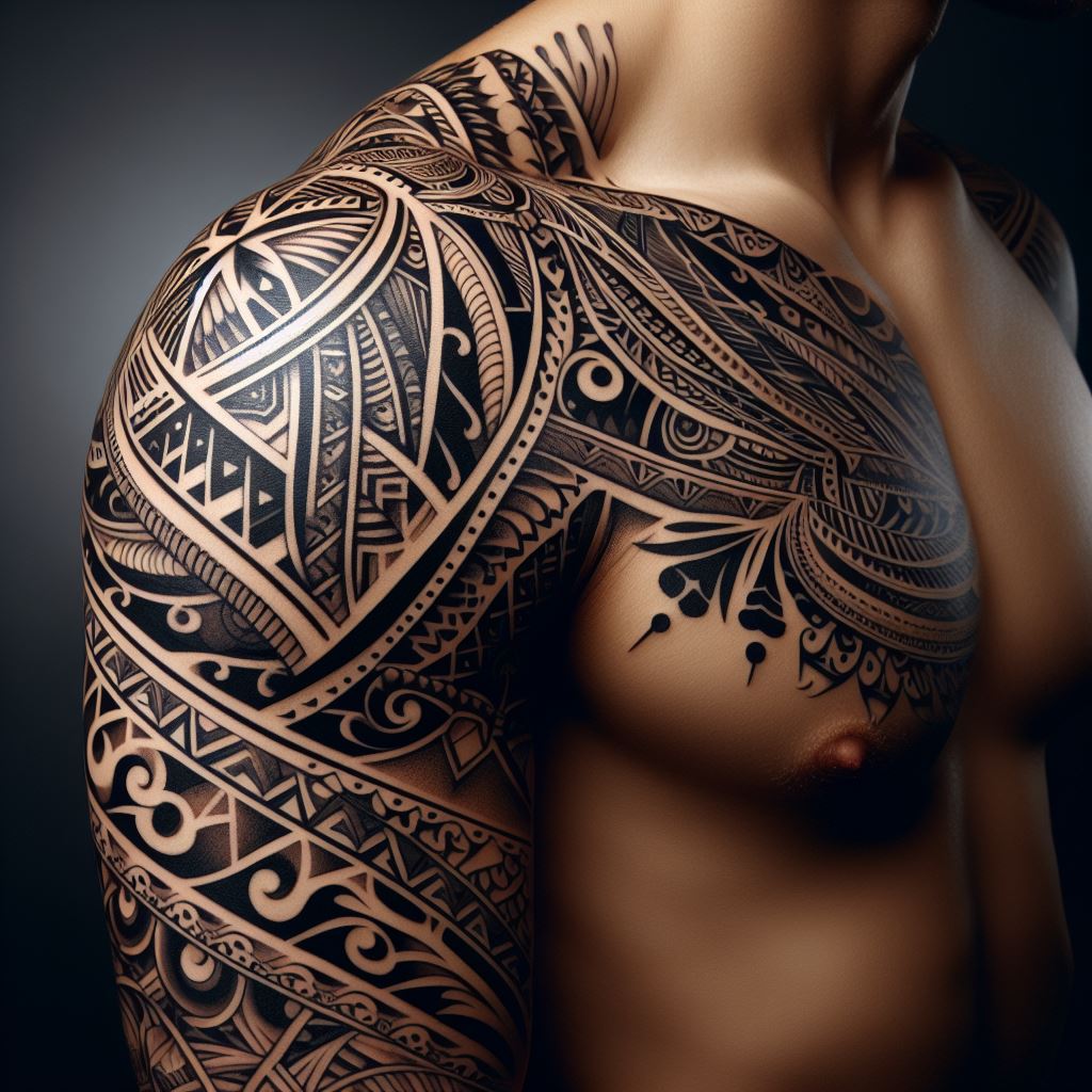 A traditional Polynesian tribal tattoo covering the shoulder, featuring intricate patterns and symbols that represent personal strength, journey, and ancestry. The design should flow with the contours of the shoulder and upper arm, including detailed line work and motifs that are significant in Polynesian culture.