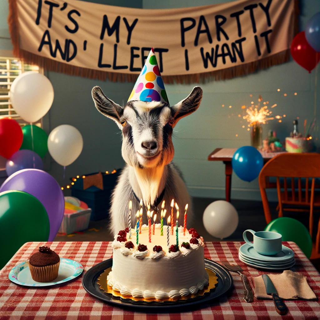 A goat at a birthday party wearing a party hat, next to a cake with candles, captioned 'It's my party and I'll bleat if I want to.' This image captures a festive and humorous moment, with the goat standing proudly beside a brightly decorated birthday cake on a table. The setting is a party scene with balloons, streamers, and other party decorations in the background. The goat's expression is one of mischievous joy, ready to celebrate in its own unique way, bringing a light-hearted vibe to the party atmosphere.