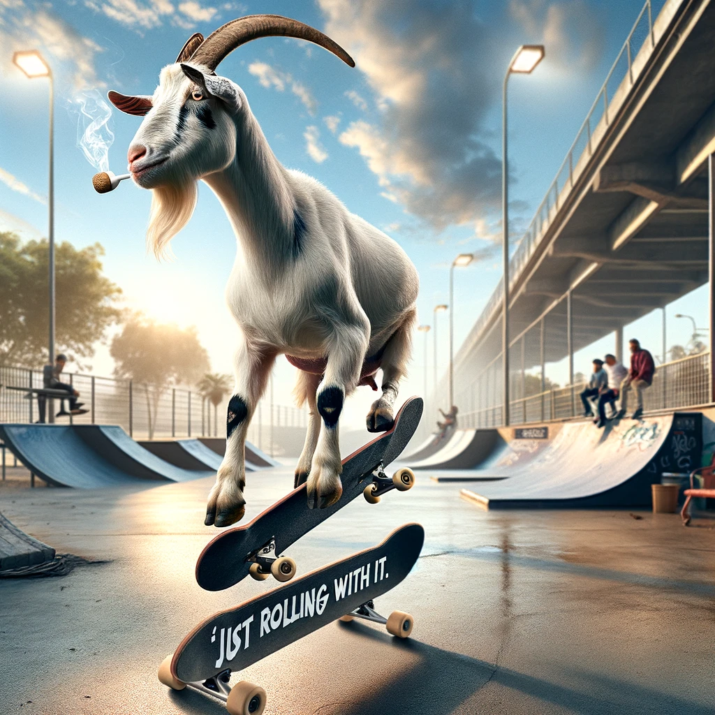 A goat on a skateboard doing a trick with the caption 'Just rolling with it.' This dynamic image showcases a goat skillfully performing a skateboard trick, capturing a moment of action and balance. The goat is in mid-air, with its hooves on the skateboard, against an urban park background featuring ramps and rails. The setting conveys a sense of motion and adventure, highlighting the goat's playful and daring spirit. This scene merges the worlds of extreme sports and animal humor, creating a visually engaging and amusing depiction.