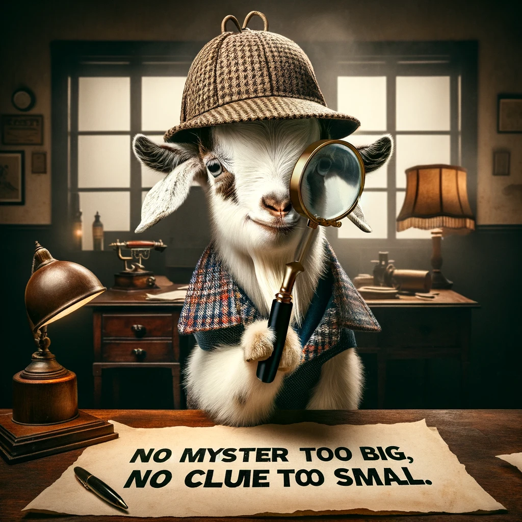 A goat wearing a detective hat and magnifying glass with the caption 'No mystery too big, no clue too small.' This creative image depicts a goat as a whimsical detective, engaged in solving a mystery. The goat stands in a classic detective pose, holding a magnifying glass up to its eye, with a determined and curious expression. The background is a dimly lit room that resembles a detective's office, complete with a wooden desk, scattered papers, and a vintage lamp, setting the scene for mystery-solving adventures.