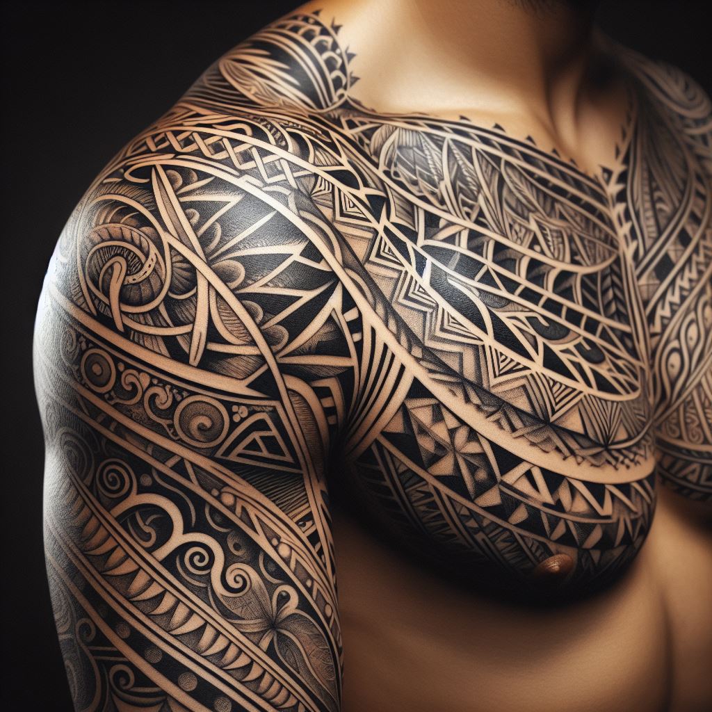 A traditional Polynesian tribal tattoo covering the shoulder, featuring intricate patterns and symbols that represent personal strength, journey, and ancestry. The design should flow with the contours of the shoulder and upper arm, including detailed line work and motifs that are significant in Polynesian culture.