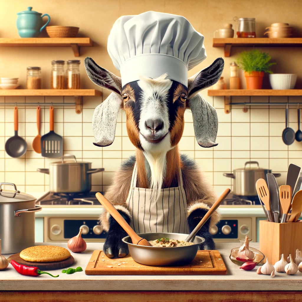 A goat in a chef hat cooking in a kitchen with the caption 'Masterchef: Goat Edition.' This charming image illustrates a goat taking on the role of a chef, actively engaged in preparing a meal. The goat stands at a kitchen counter, wearing a chef's hat and apron, surrounded by kitchen utensils, pots, and ingredients. The kitchen setting is warm and inviting, filled with the aromas of cooking. This scene playfully suggests the goat's culinary skills and passion for cooking, adding a humorous twist to the idea of a cooking show.