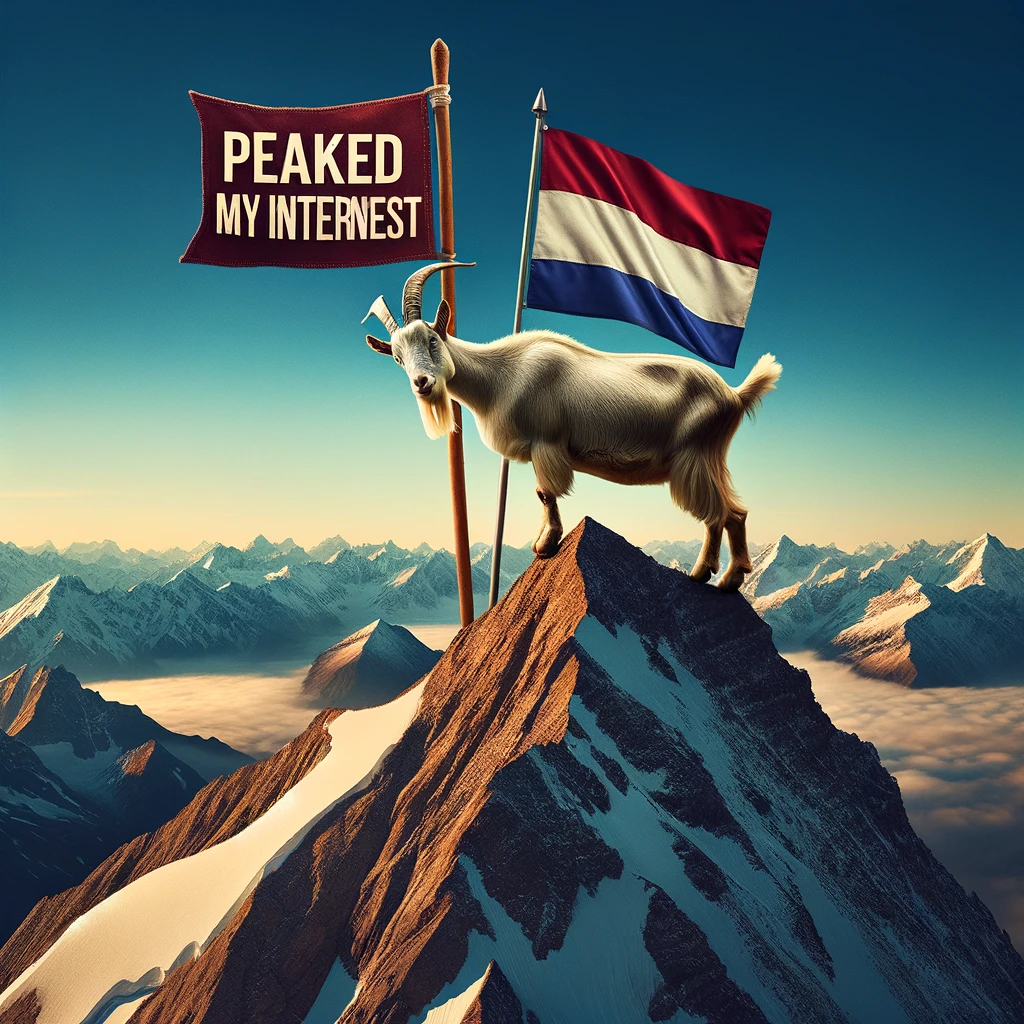 A goat on top of a mountain with a flag, captioned 'Peaked my interest.' This captivating image showcases a goat standing triumphantly on the peak of a high mountain, planting a flag. The scene is set against a breathtaking backdrop of snow-capped mountains under a clear blue sky, symbolizing achievement and exploration. The goat, looking proud and determined, embodies the spirit of adventure and the conquering of challenges. This image humorously plays on the phrase 'peaked my interest' while celebrating the goat's literal and figurative peak moment.