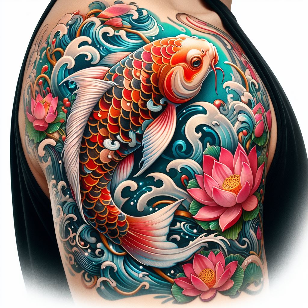 A vibrant, Japanese-inspired koi fish tattoo, swimming around the shoulder and upper arm. The koi fish should be depicted in mid-motion, with elaborate scales and fins, surrounded by flowing water and blooming lotus flowers. The design should incorporate traditional Japanese tattoo elements, symbolizing perseverance and good fortune.
