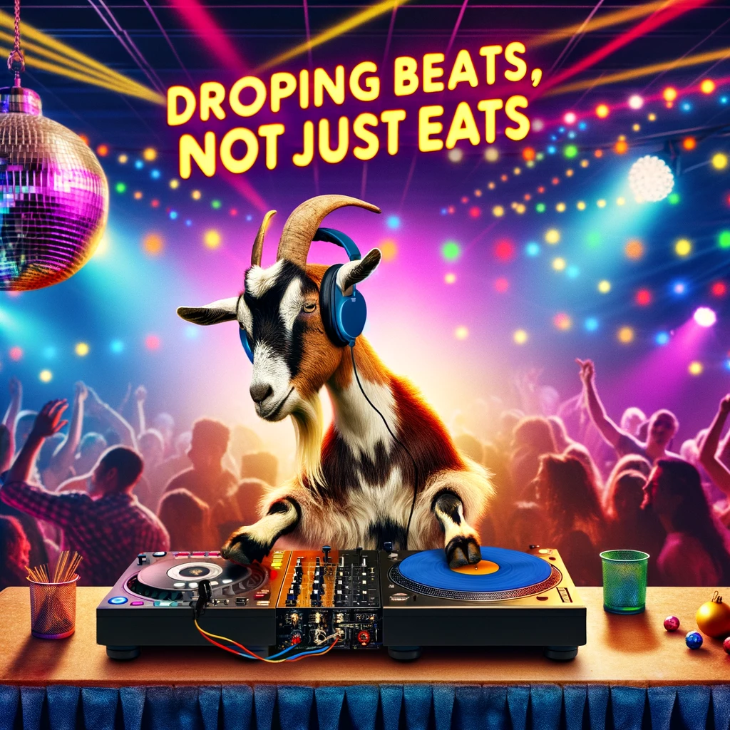 A goat DJing at a party with the caption 'Dropping beats, not just eats.' This vibrant image captures the essence of a party scene where a goat takes the role of a DJ, working the turntables with enthusiasm. The setting is a lively dance floor, illuminated by colorful disco lights, with partygoers enjoying the music. The goat, wearing headphones and focused on the mix, embodies a cool and talented DJ persona. This scene merges the unexpected image of a goat DJing with a playful pun, adding humor and energy to the party atmosphere.