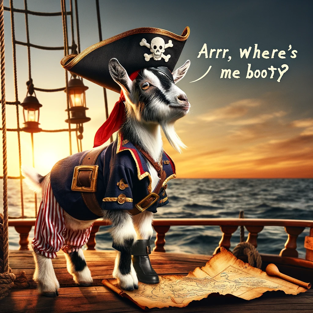 A goat dressed as a pirate with a caption 'Arrr, where's me booty?' This imaginative image features a goat fully decked out in classic pirate attire, complete with a hat, eye patch, and a hook. The goat stands aboard a wooden pirate ship, gazing out over the open sea with a treasure map in its mouth. The setting sun casts a golden light over the scene, adding to the adventurous atmosphere. This scene combines the humorous notion of a goat searching for treasure with the iconic imagery of pirate lore, creating a playful and engaging visual.
