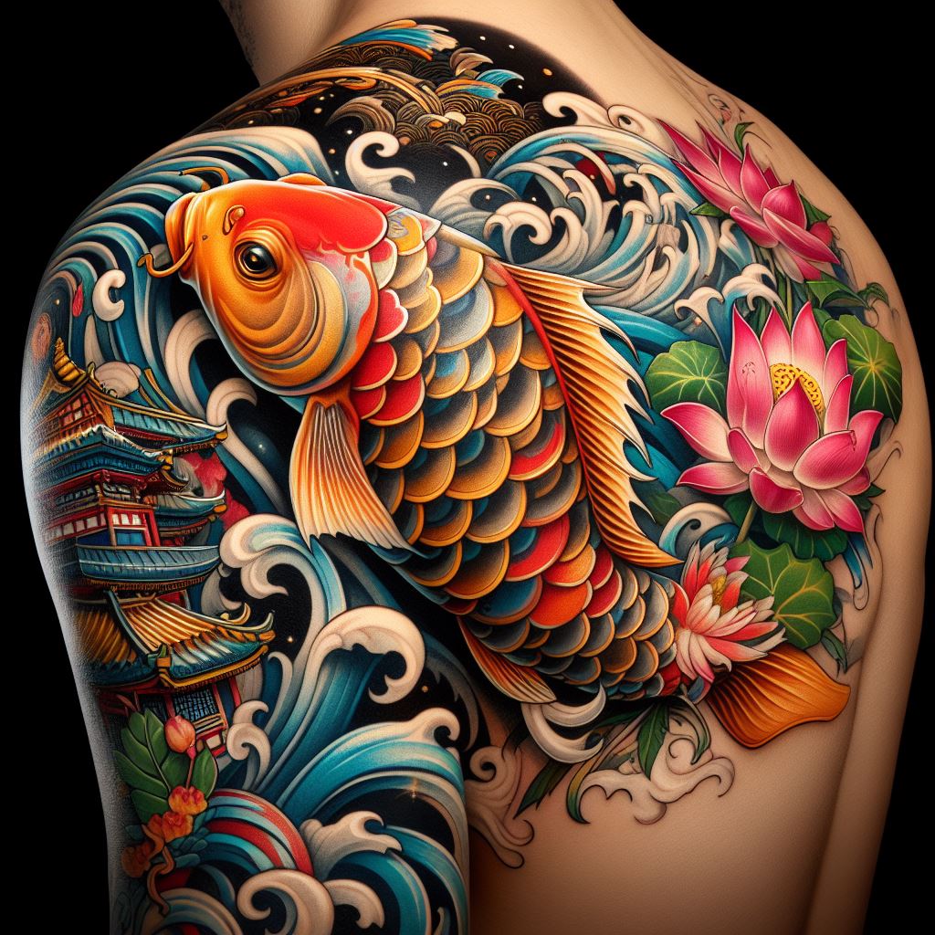 A vibrant, Japanese-inspired koi fish tattoo, swimming around the shoulder and upper arm. The koi fish should be depicted in mid-motion, with elaborate scales and fins, surrounded by flowing water and blooming lotus flowers. The design should incorporate traditional Japanese tattoo elements, symbolizing perseverance and good fortune.