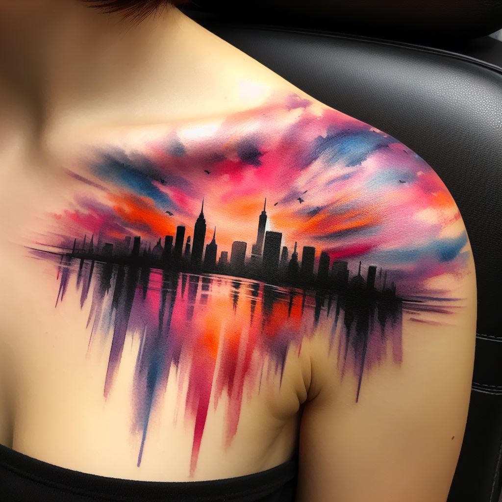 A vibrant watercolor tattoo that captures the silhouette of a famous city skyline across the shoulder, blending into the collarbone. The skyline is set against a backdrop of sweeping brush strokes that mimic a sunset sky, with colors blending seamlessly from warm oranges and pinks to cool purples and blues.