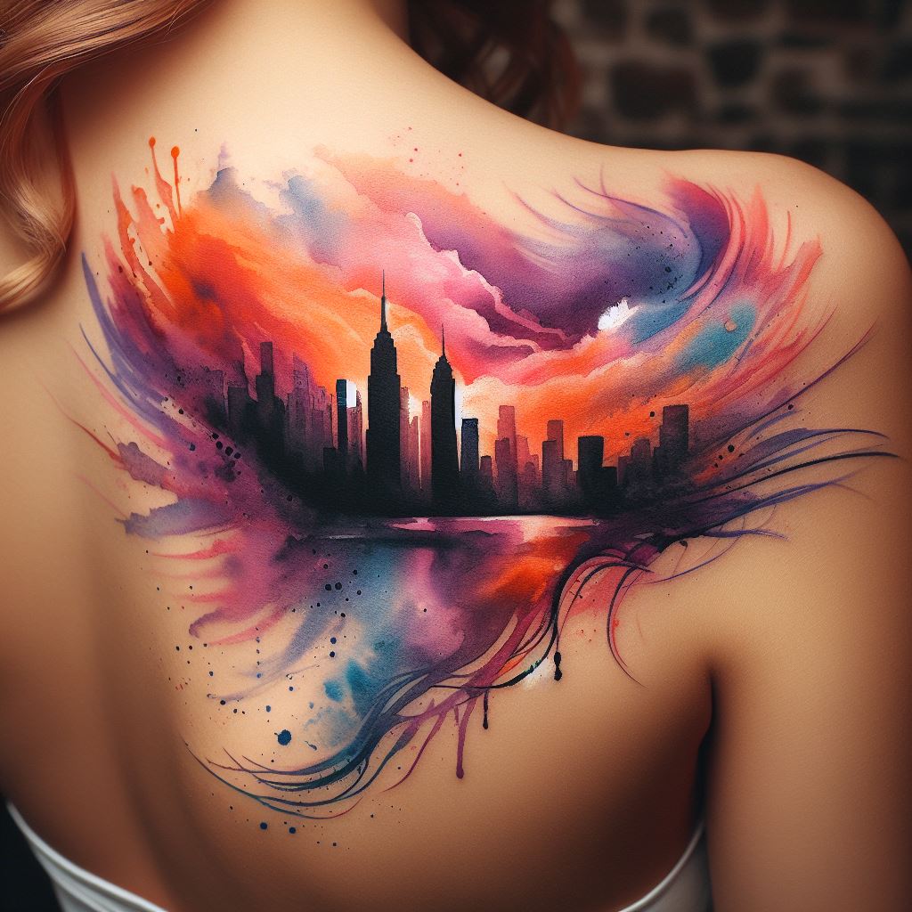 A vibrant watercolor tattoo that captures the silhouette of a famous city skyline across the shoulder, blending into the collarbone. The skyline is set against a backdrop of sweeping brush strokes that mimic a sunset sky, with colors blending seamlessly from warm oranges and pinks to cool purples and blues.