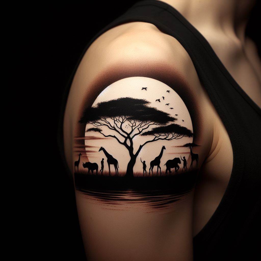 A striking tattoo featuring the silhouette of an African savannah scene on the upper arm, extending onto the shoulder. It showcases a solitary tree with wildlife silhouettes, including giraffes and elephants, against a backdrop of the setting sun. The simplicity of the silhouettes contrasts with the detailed background, creating a sense of peace and wilderness.