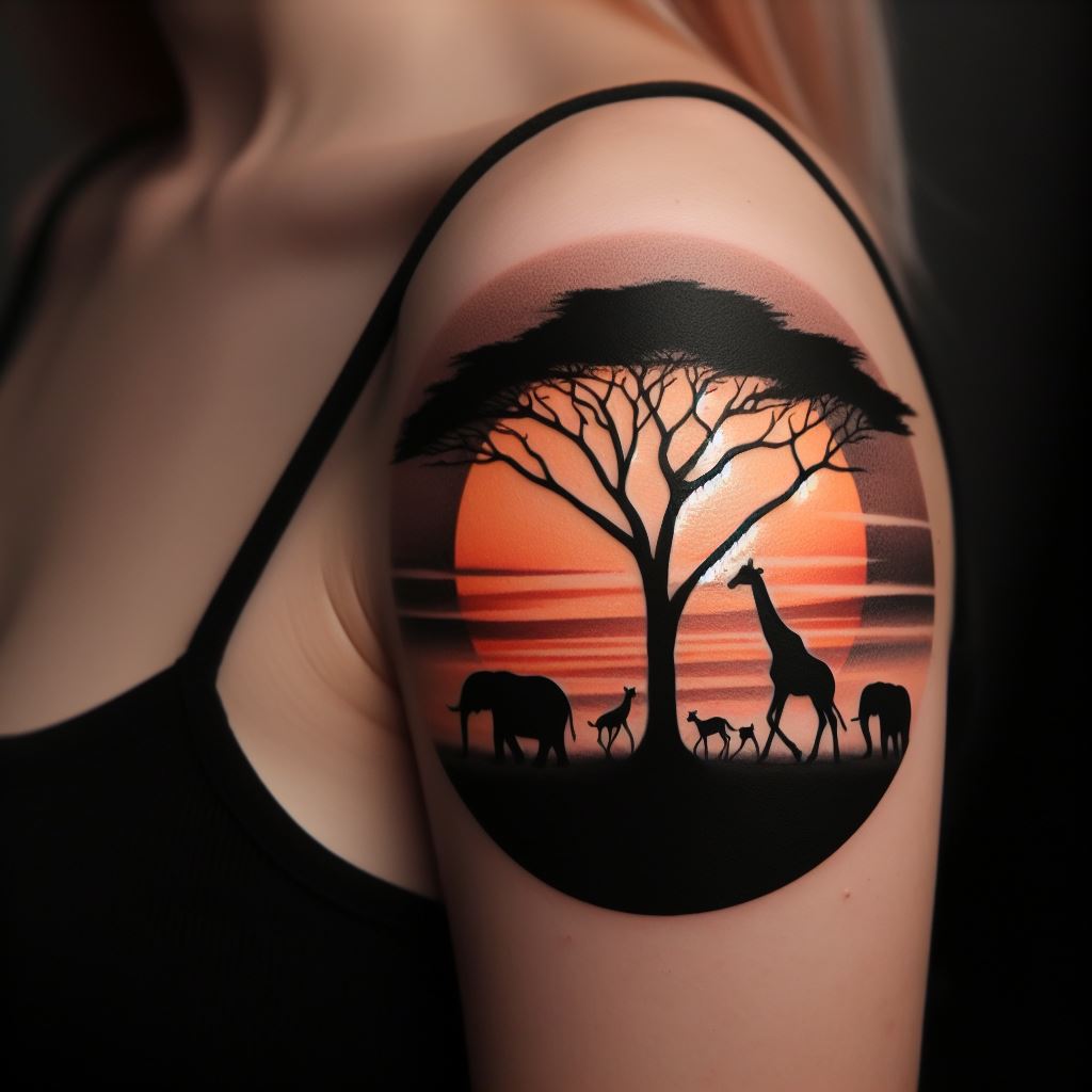 A striking tattoo featuring the silhouette of an African savannah scene on the upper arm, extending onto the shoulder. It showcases a solitary tree with wildlife silhouettes, including giraffes and elephants, against a backdrop of the setting sun. The simplicity of the silhouettes contrasts with the detailed background, creating a sense of peace and wilderness.