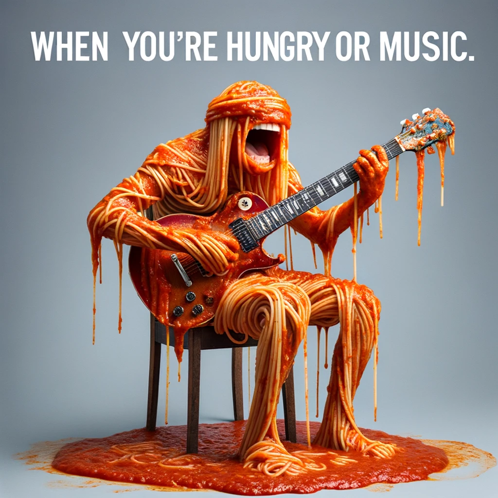 A funny image of a person playing a guitar with spaghetti strings, covered in sauce, captioned, "When you're hungry for music."