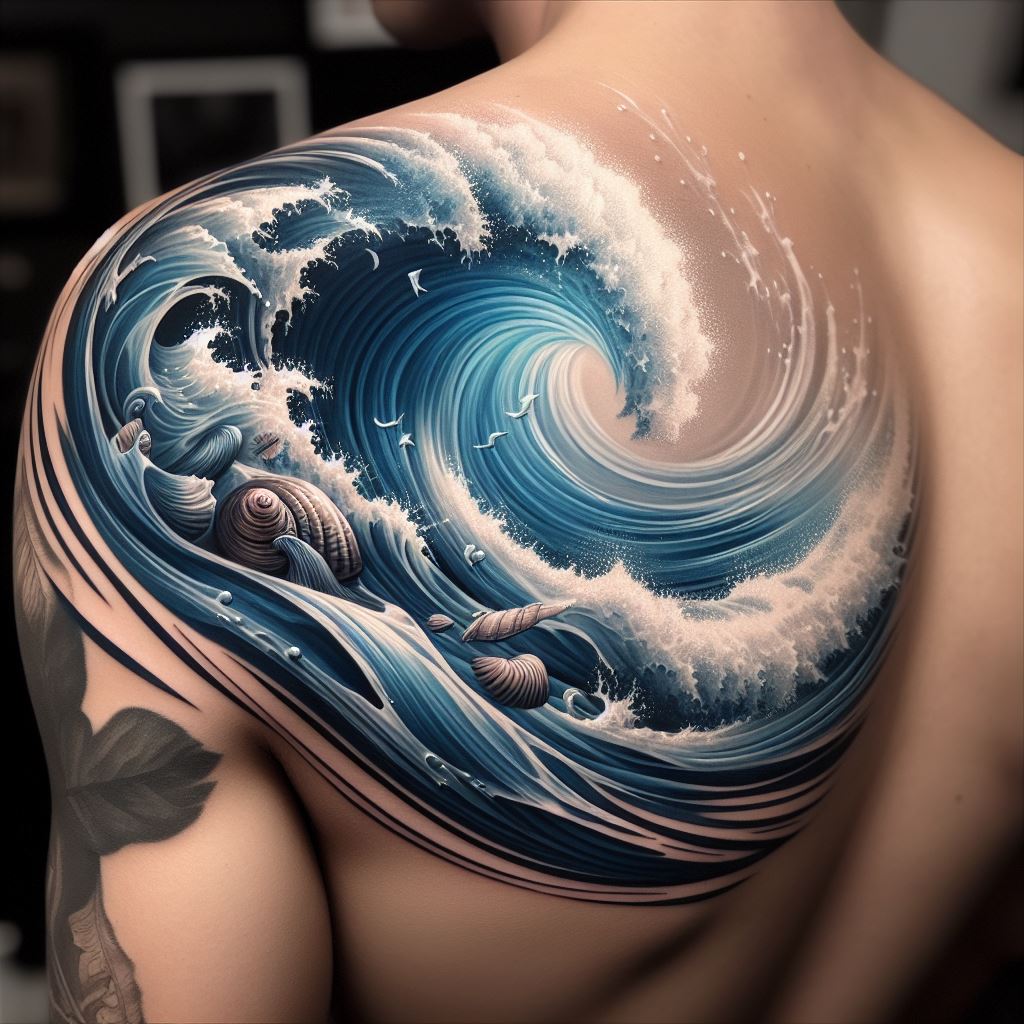 A dynamic tattoo that captures the movement of ocean waves, wrapping from the back of the shoulder to the front. The waves are designed with varying shades of blue and white highlights, creating a realistic and calming effect. Small sea creatures, like fish and seashells, are hidden within the waves, adding an element of discovery.