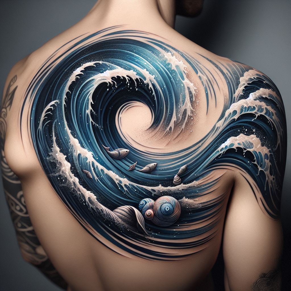 A dynamic tattoo that captures the movement of ocean waves, wrapping from the back of the shoulder to the front. The waves are designed with varying shades of blue and white highlights, creating a realistic and calming effect. Small sea creatures, like fish and seashells, are hidden within the waves, adding an element of discovery.