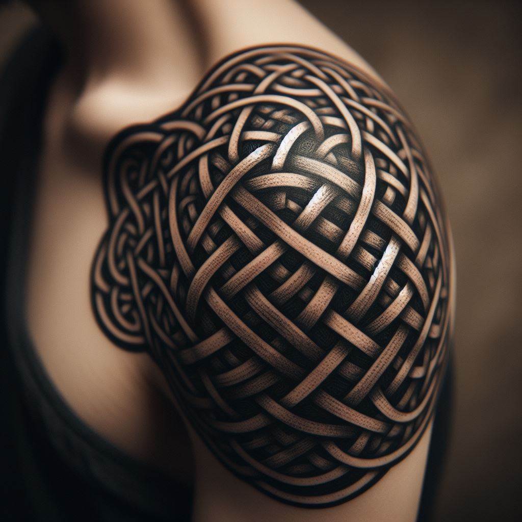 An intricate Celtic knotwork design that covers the shoulder, weaving around the arm like an armlet. The tattoo is done in black ink, with the knots seamlessly intertwining to form a pattern that symbolizes eternal life and interconnectedness. The precision of the lines and the complexity of the design make it a timeless piece.