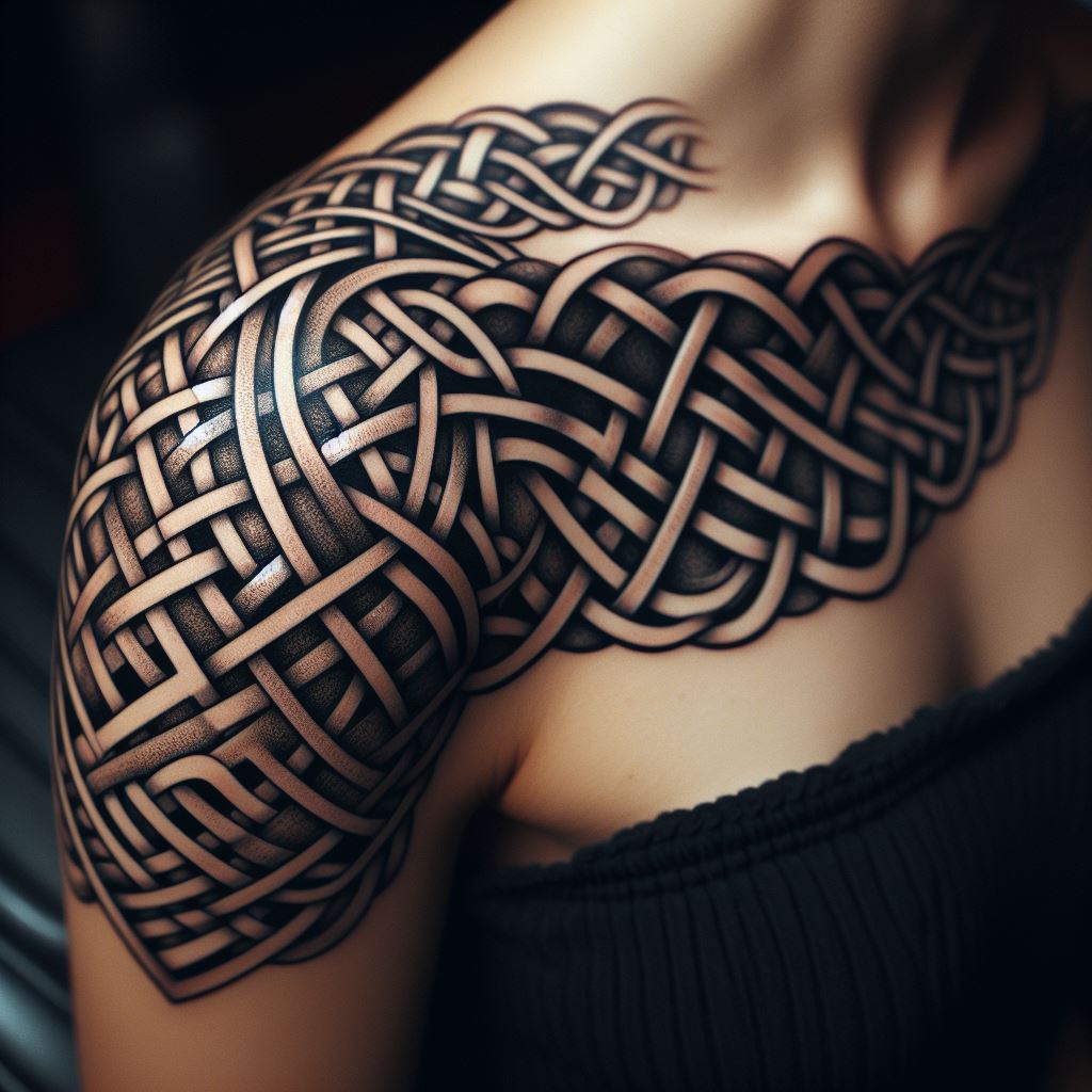 An intricate Celtic knotwork design that covers the shoulder, weaving around the arm like an armlet. The tattoo is done in black ink, with the knots seamlessly intertwining to form a pattern that symbolizes eternal life and interconnectedness. The precision of the lines and the complexity of the design make it a timeless piece.