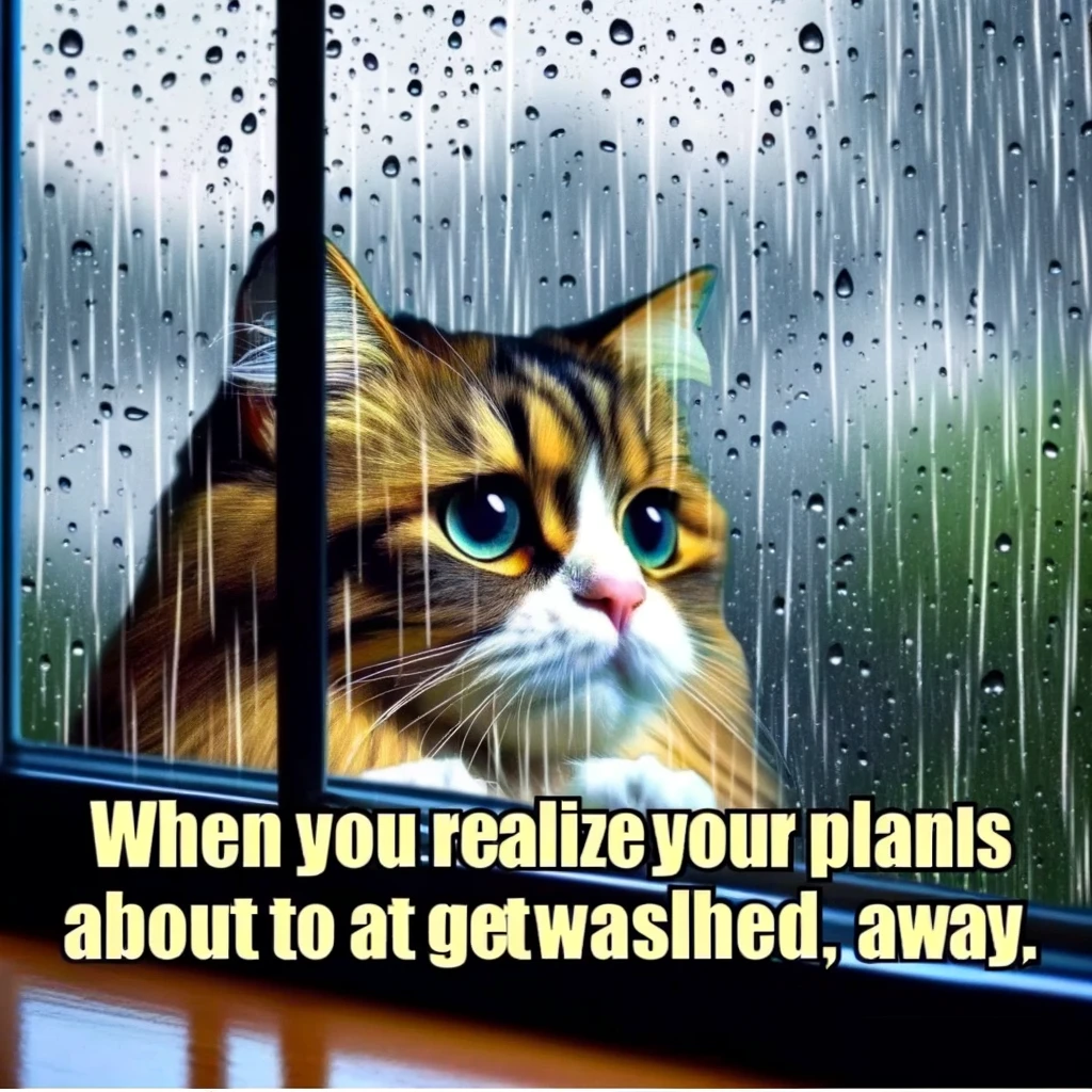 A meme featuring a cat looking out a rainy window with the caption "When you realize your plans are about to get washed away."