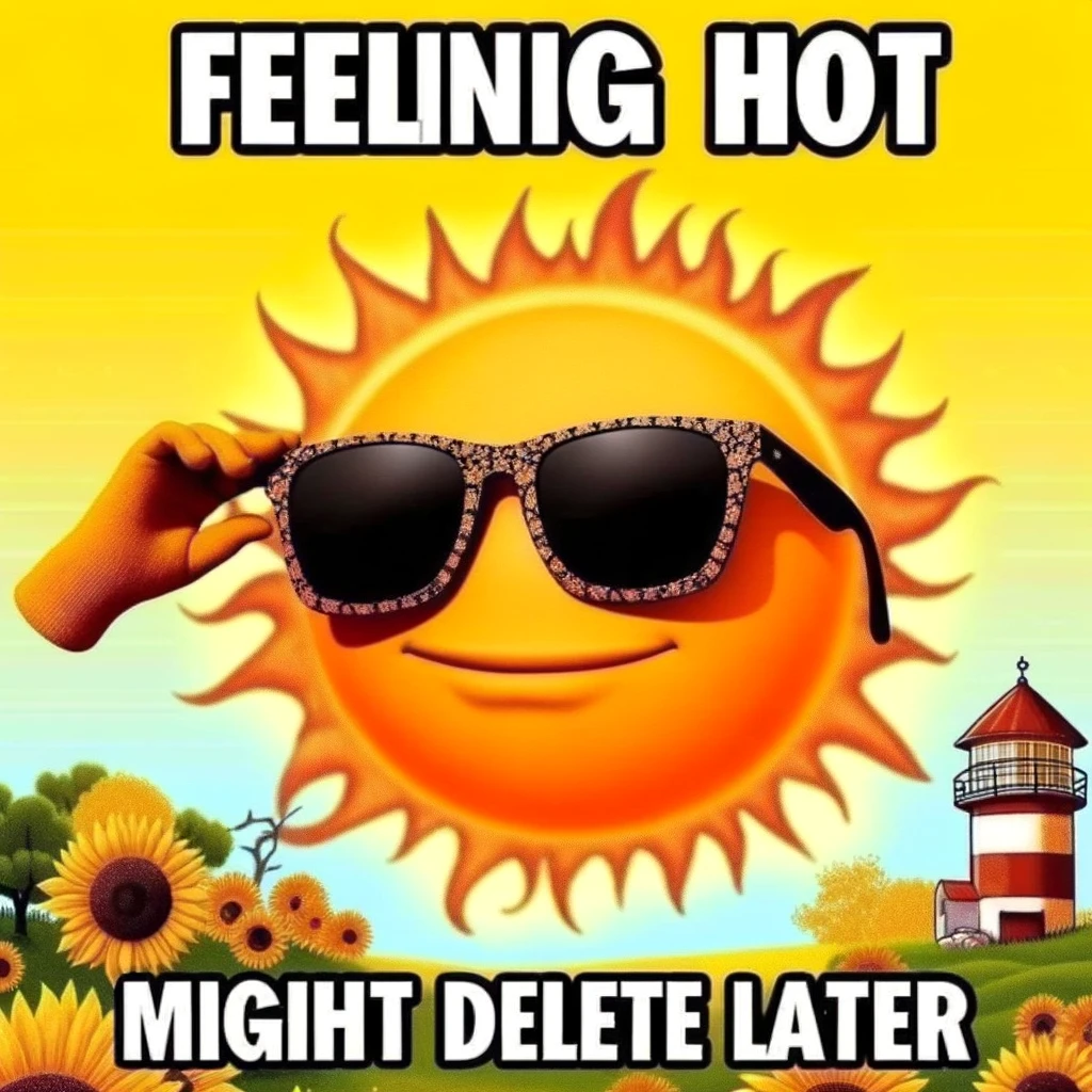 A meme featuring a sun wearing sunglasses with the caption "Feeling hot, might delete later."