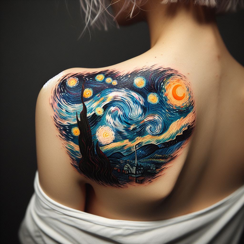 A tattoo inspired by Van Gogh's "Starry Night," positioned on the shoulder blade. This piece captures the swirling sky and bright stars of the iconic painting, with its distinctive brushwork and color palette translated into tattoo form. It's a blend of art history and personal expression, offering a unique and captivating design.