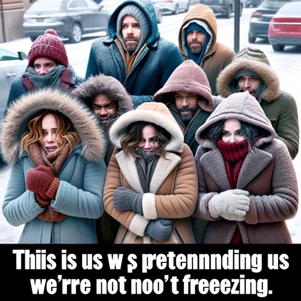 A meme showing a group of people in heavy coats huddled together with the caption "This is us pretending we're not freezing."