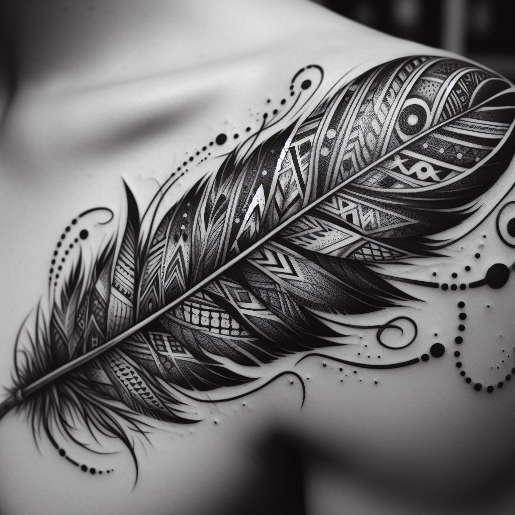 A detailed tattoo of a Native American feather, draped over the shoulder and extending down the arm. The feather is designed with intricate patterns and symbols, with each line and dot adding to its significance and beauty. It symbolizes trust, honor, strength, wisdom, power, and freedom.