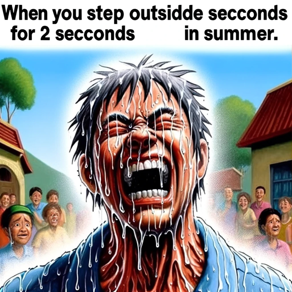 A meme of a person sweating profusely with the caption "When you step outside for 2 seconds in summer."
